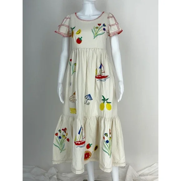 Hunter Bell Embroidered Midi Dress Cream Fruit Sailboat Beach Scene Size 0
